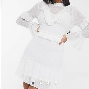 Missguided White High Neck Dobby Mesh Ruffle Dress